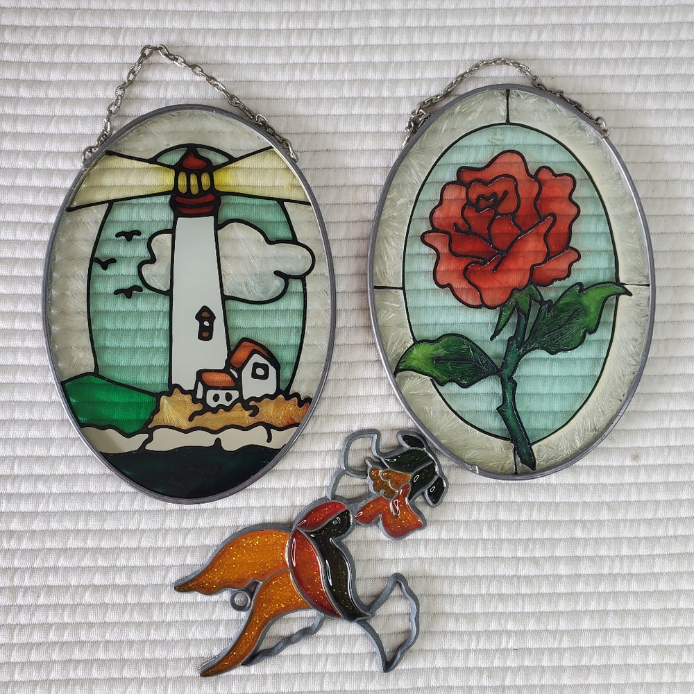 3 Stain Glass Window Sun Catchers Rose Light House Humming Bird 5" Vintage